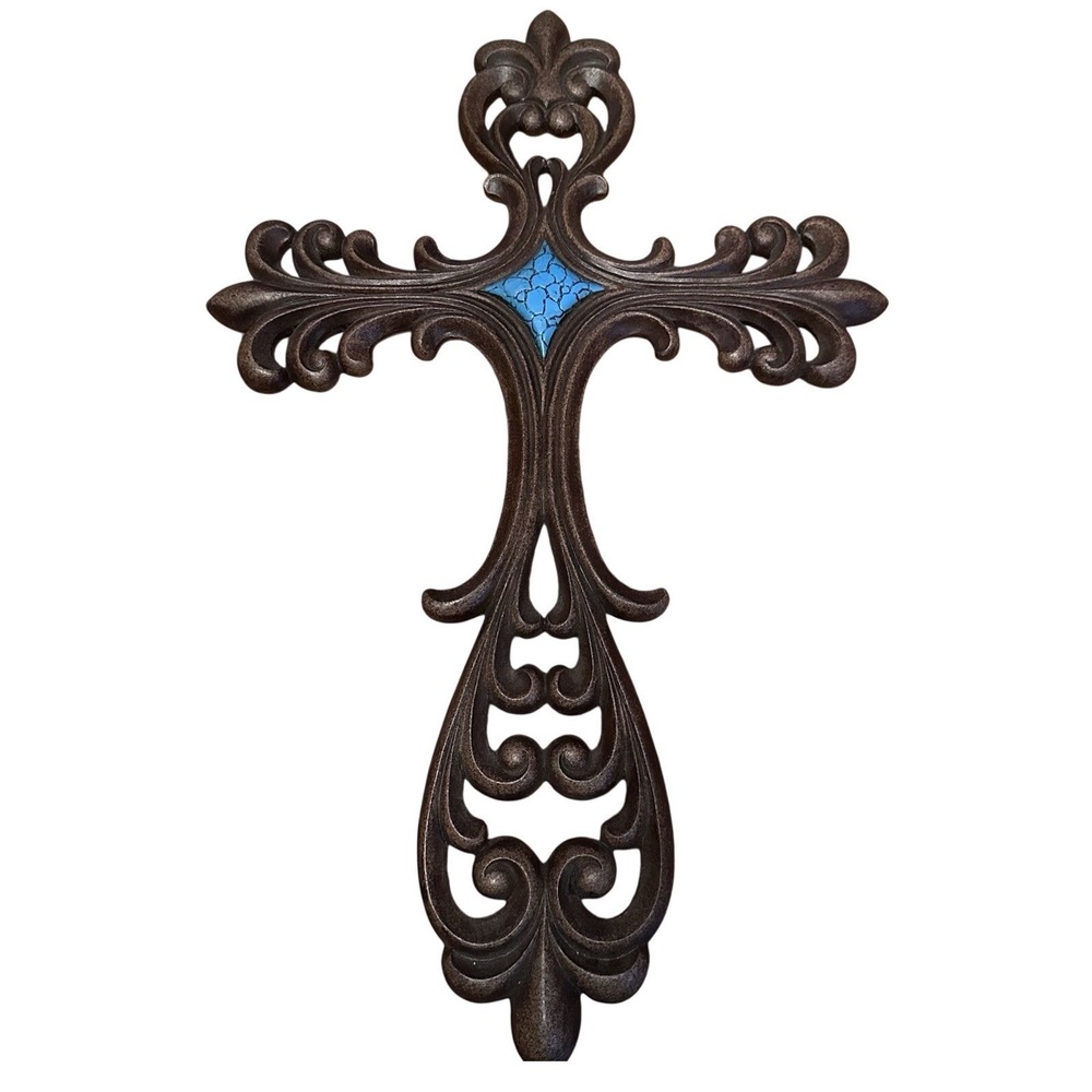 Large Decorative Brown Wall Cross With Blue Turquoise Accent Center